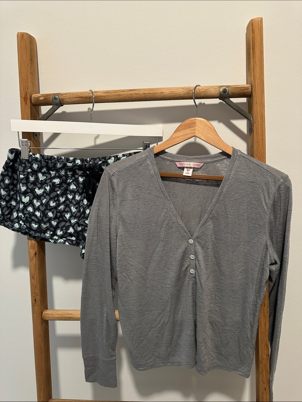 Victoria's Secret Gray Henley Top with Black Mint Heart-Print Shorts